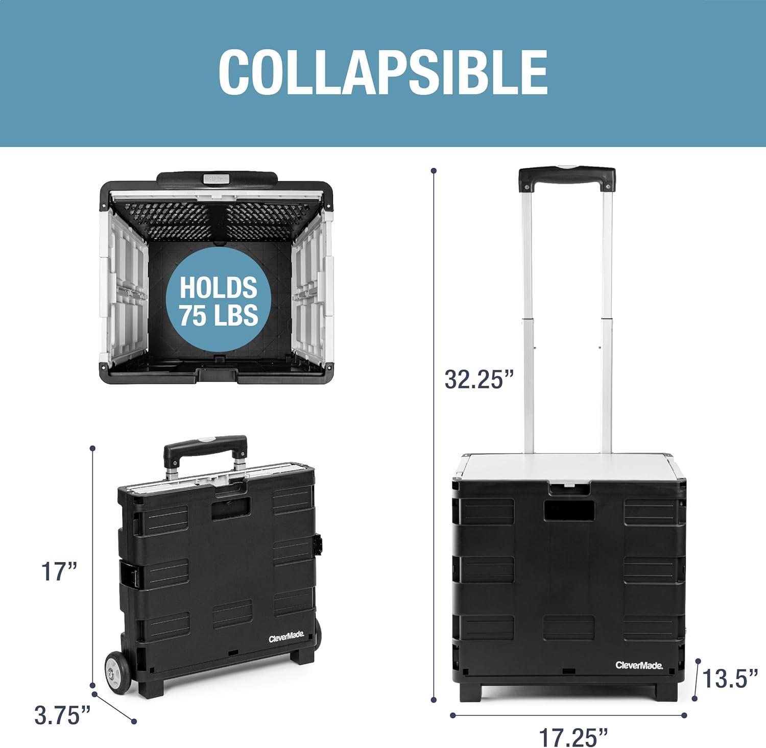 imageCleverMade Collapsible Wheeled Crate with Lid 2Wheels  Stable Rolling Crate with Handle and Large Wheels for Fragile Items Heavy Loads and Easy Storage  35L and 75lb Capacity BlackCreamBlackGray 35l  2 Wheels  Pack of 1
