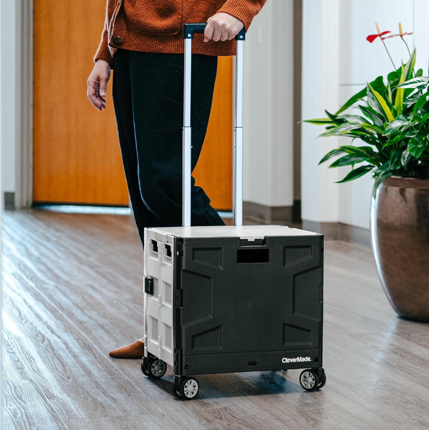 imageCleverMade Collapsible Wheeled Crate with Lid 2Wheels  Stable Rolling Crate with Handle and Large Wheels for Fragile Items Heavy Loads and Easy Storage  35L and 75lb Capacity BlackCreamBlackGray 35l  4 Wheels  Pack of 1