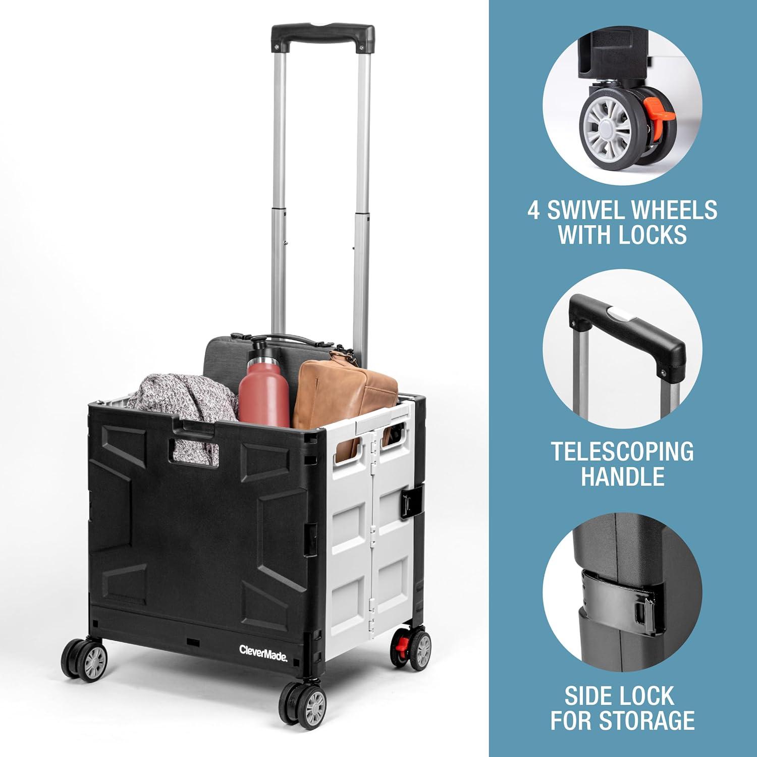 imageCleverMade Collapsible Wheeled Crate with Lid 2Wheels  Stable Rolling Crate with Handle and Large Wheels for Fragile Items Heavy Loads and Easy Storage  35L and 75lb Capacity BlackCreamBlackGray 35l  4 Wheels  Pack of 1