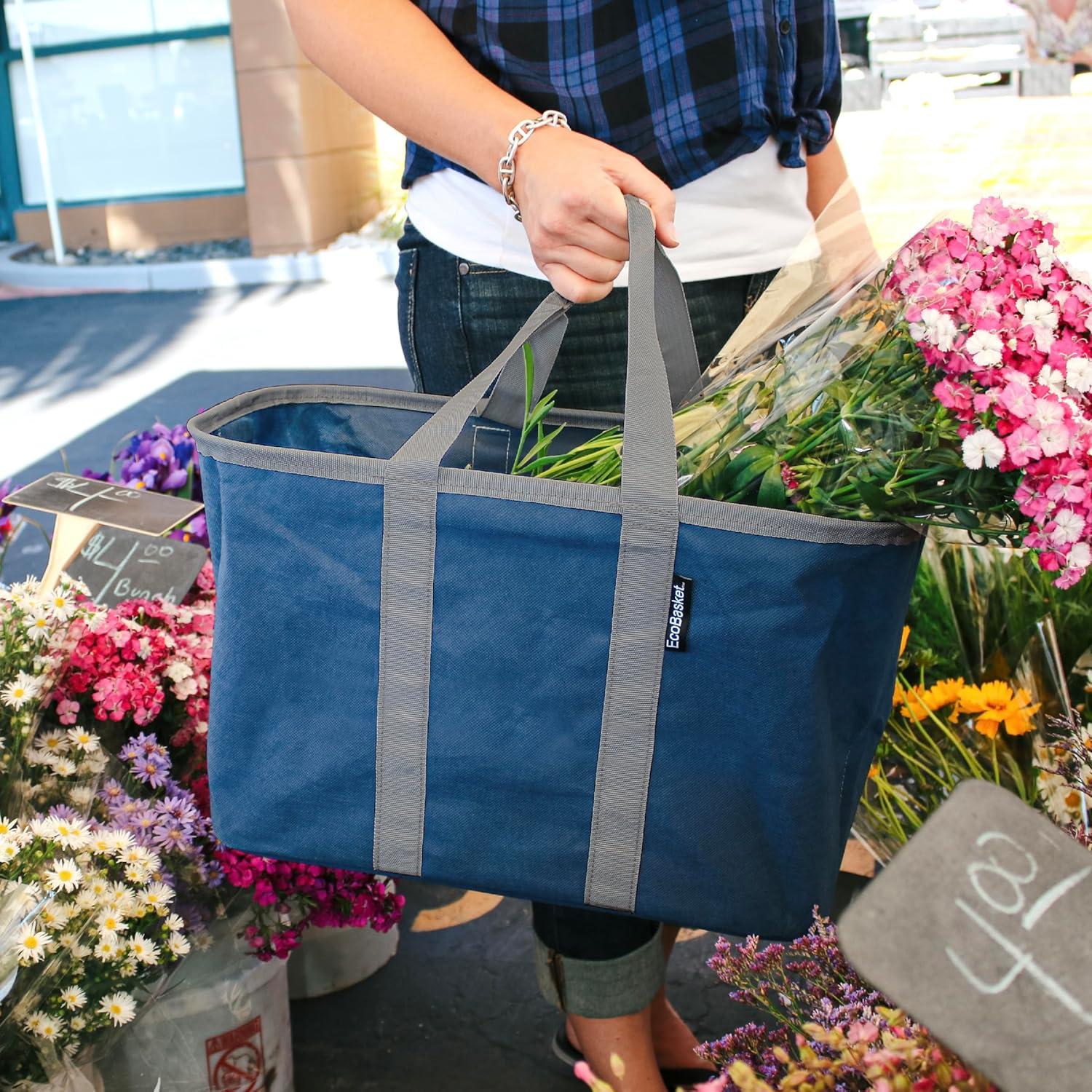 imageCleverMade EcoBasket Reusable Grocery Tote  Collapsible Storage Shopping Organizer  Heavy Duty Utility Bag HomeBlueGray  Ecobasket  Pack of 1