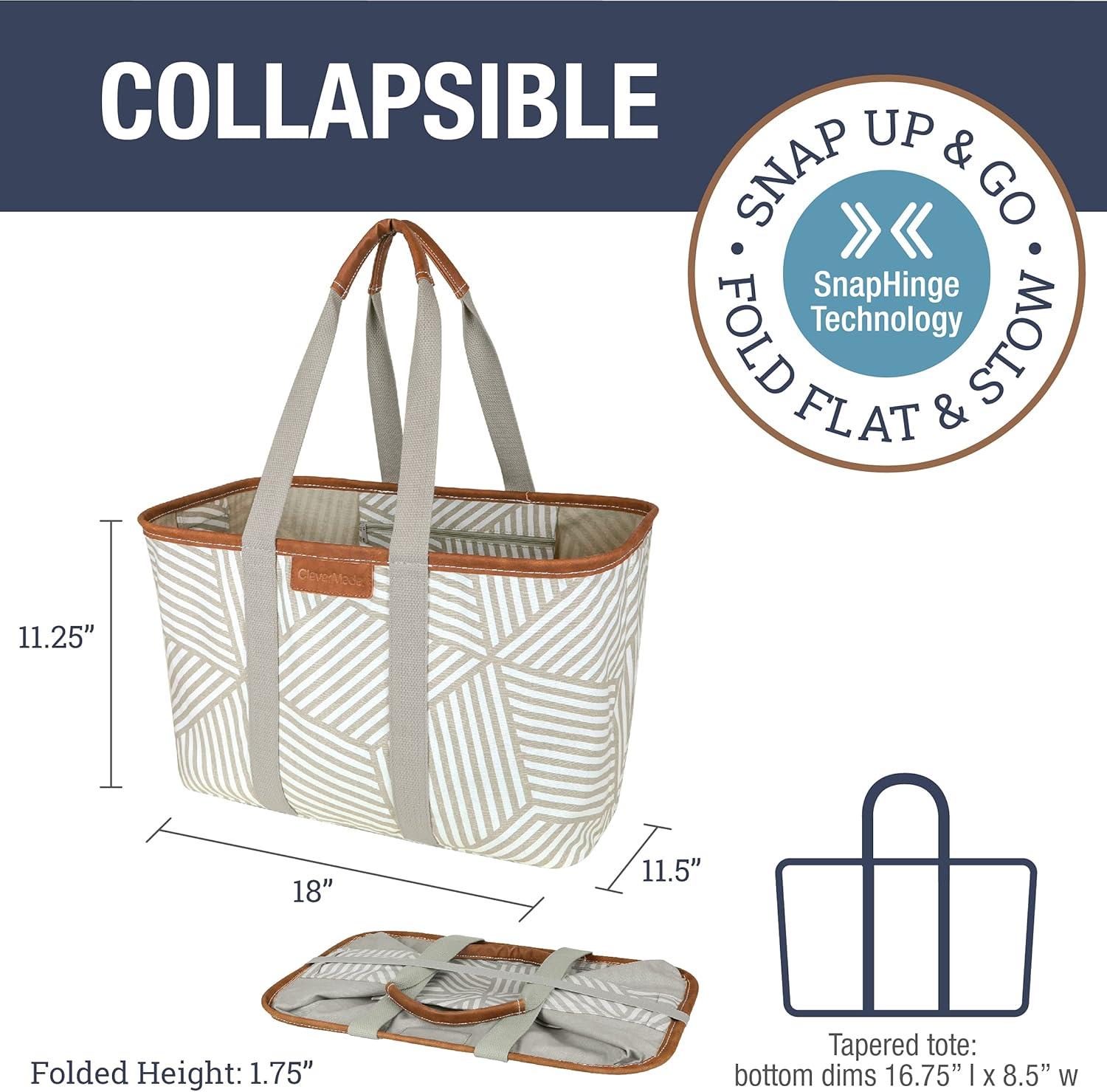 imageCleverMade EcoBasket Reusable Grocery Tote  Collapsible Storage Shopping Organizer  Heavy Duty Utility Bag HomeGeometric Taupe  Luxe  Pack of 1