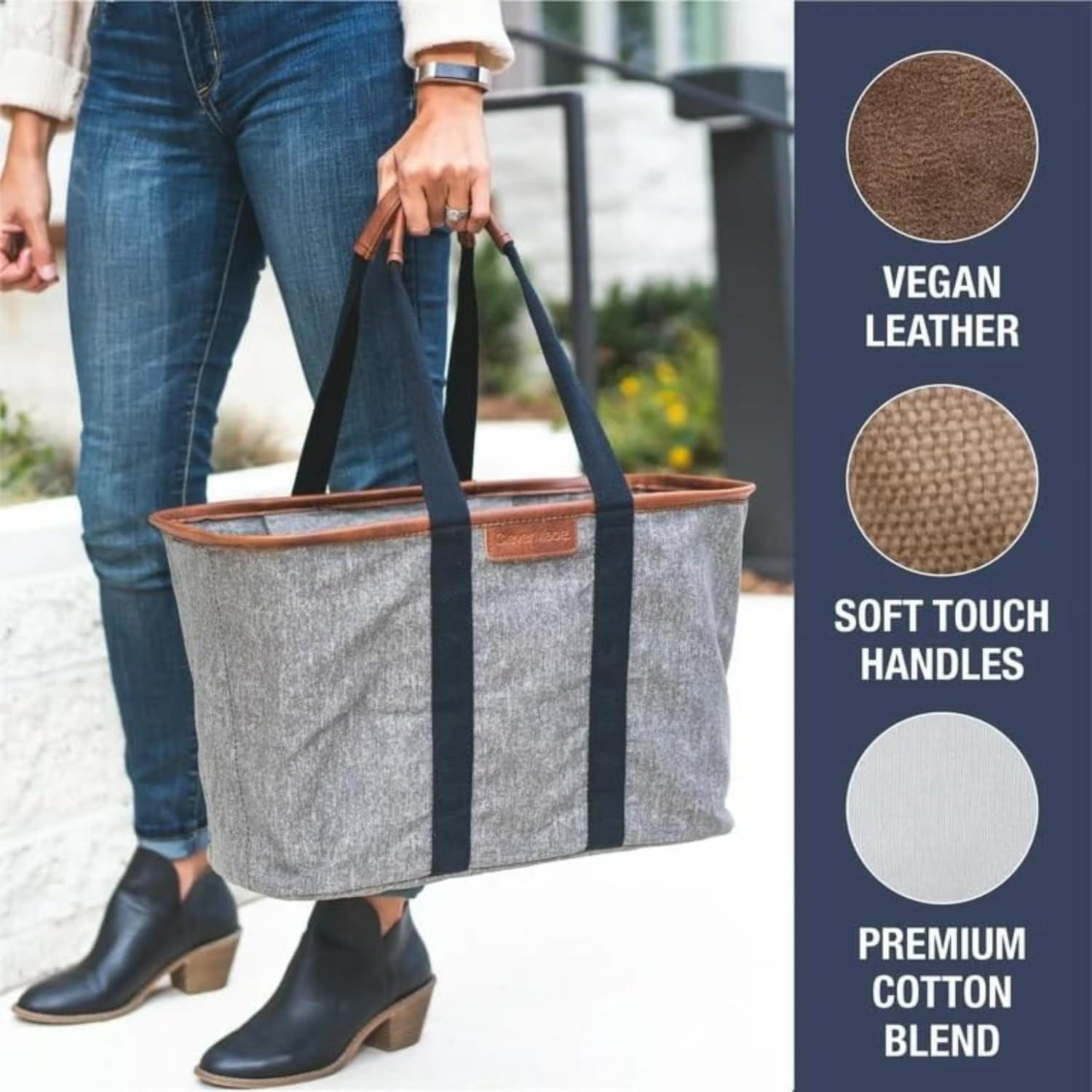 imageCleverMade EcoBasket Reusable Grocery Tote  Collapsible Storage Shopping Organizer  Heavy Duty Utility Bag HomeGreyBlack 30l  Luxe  Pack of 1