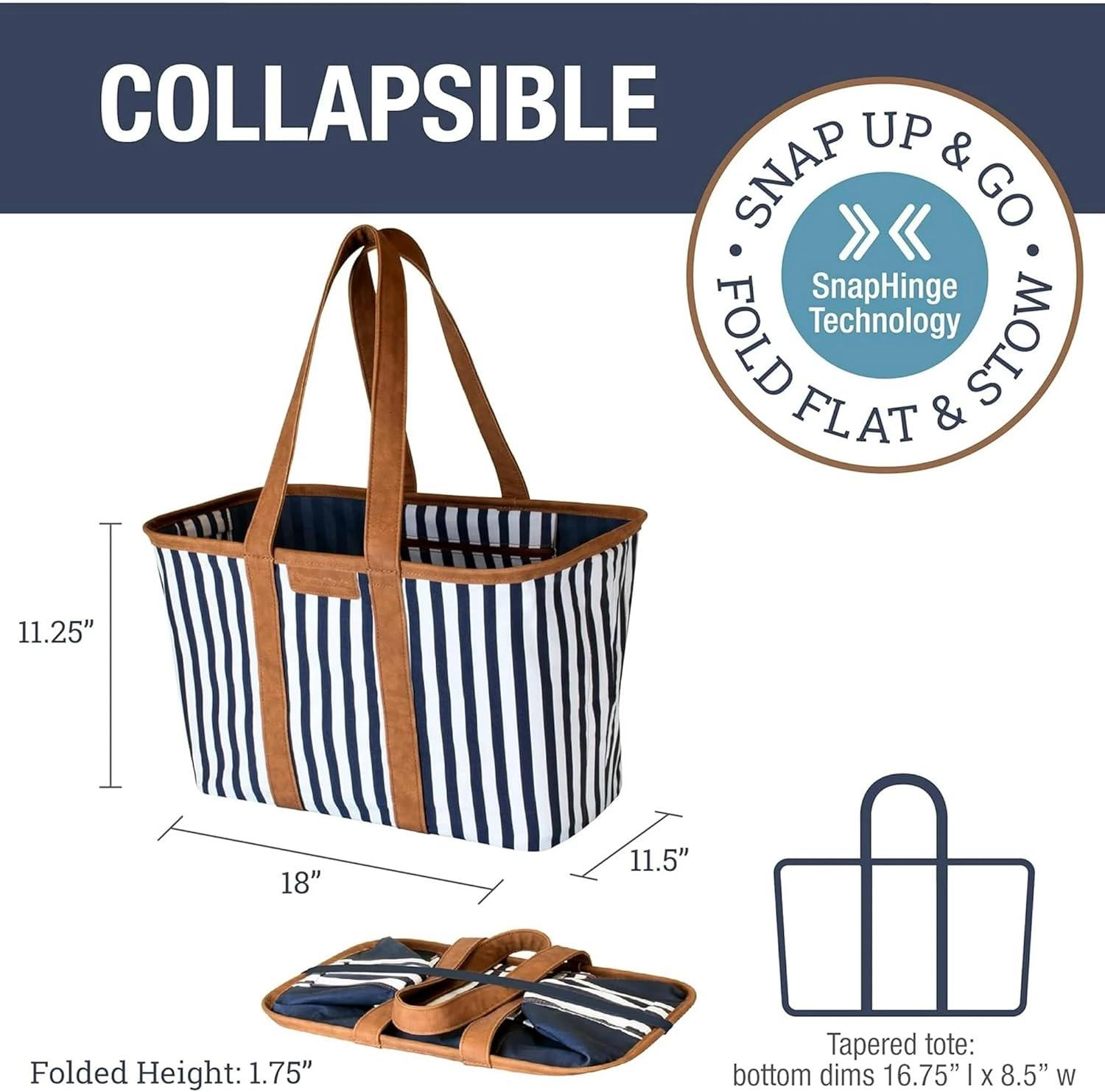 imageCleverMade EcoBasket Reusable Grocery Tote Collapsible Storage Shopping Organizer Heavy Duty Utility Bag HomeNavy Striped Luxe Pack of 1