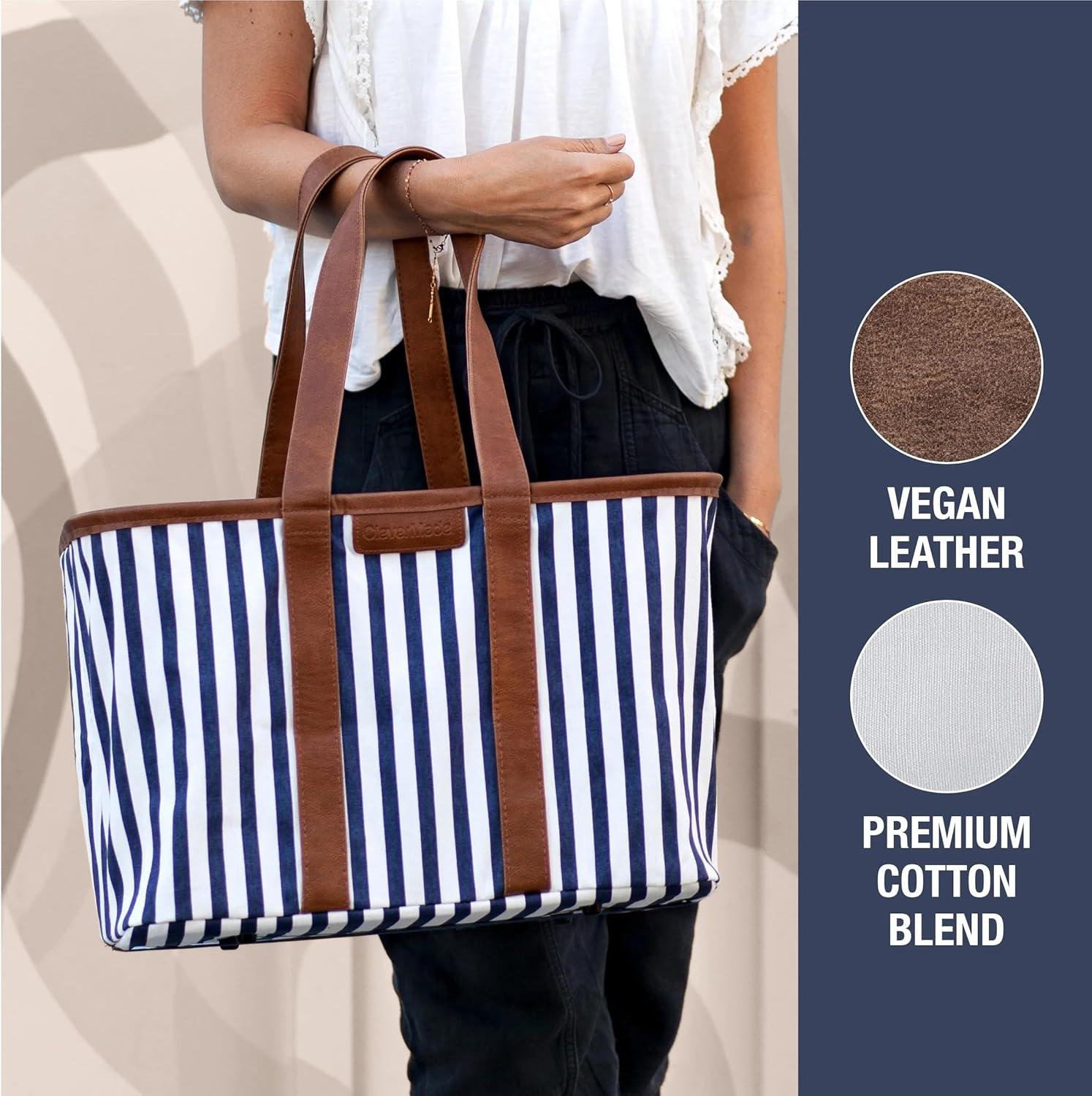 imageCleverMade EcoBasket Reusable Grocery Tote Collapsible Storage Shopping Organizer Heavy Duty Utility Bag HomeNavy Striped Luxe Pack of 1