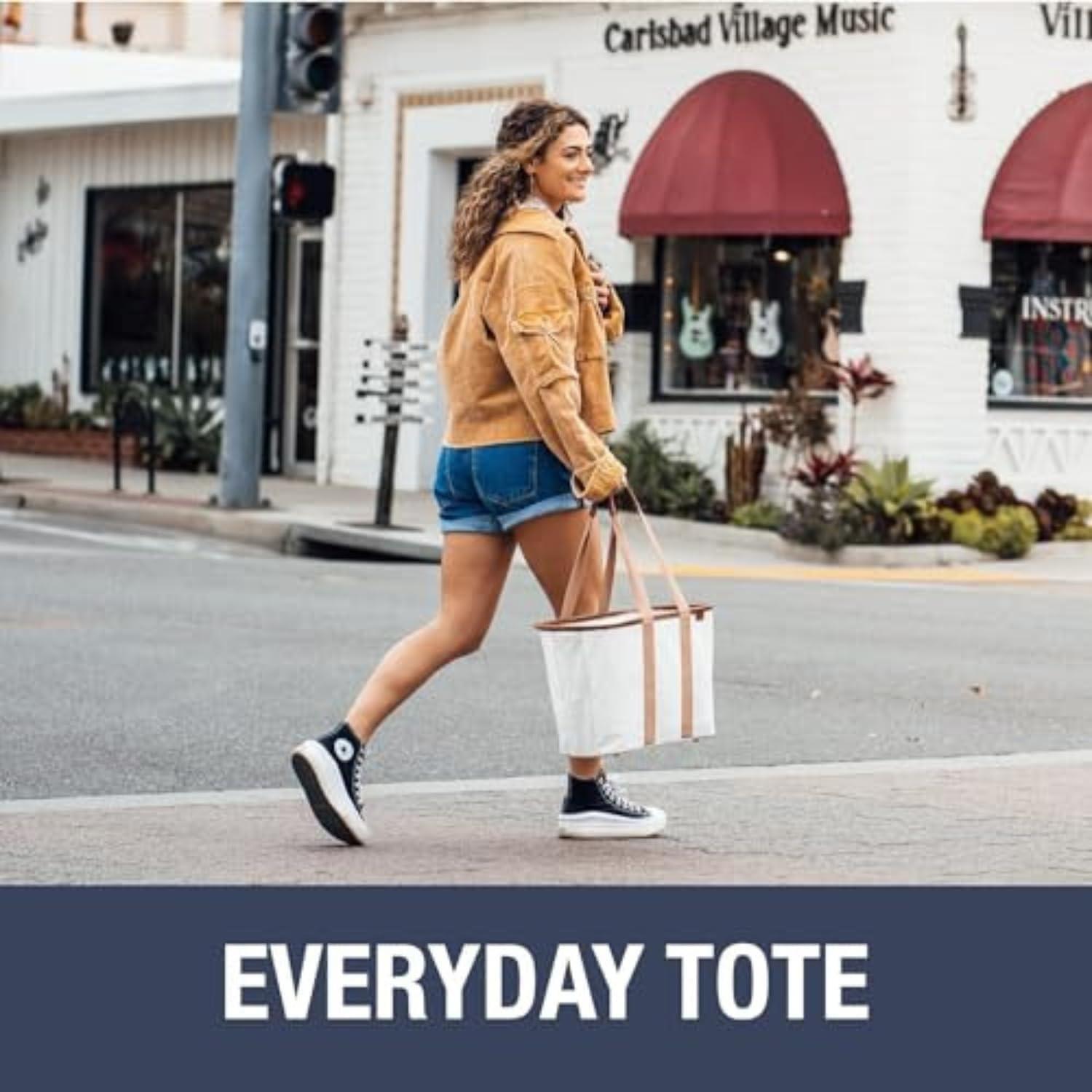 imageCleverMade EcoBasket Reusable Grocery Tote Collapsible Storage Shopping Organizer Heavy Duty Utility Bag HomeNavy Striped Luxe Pack of 1