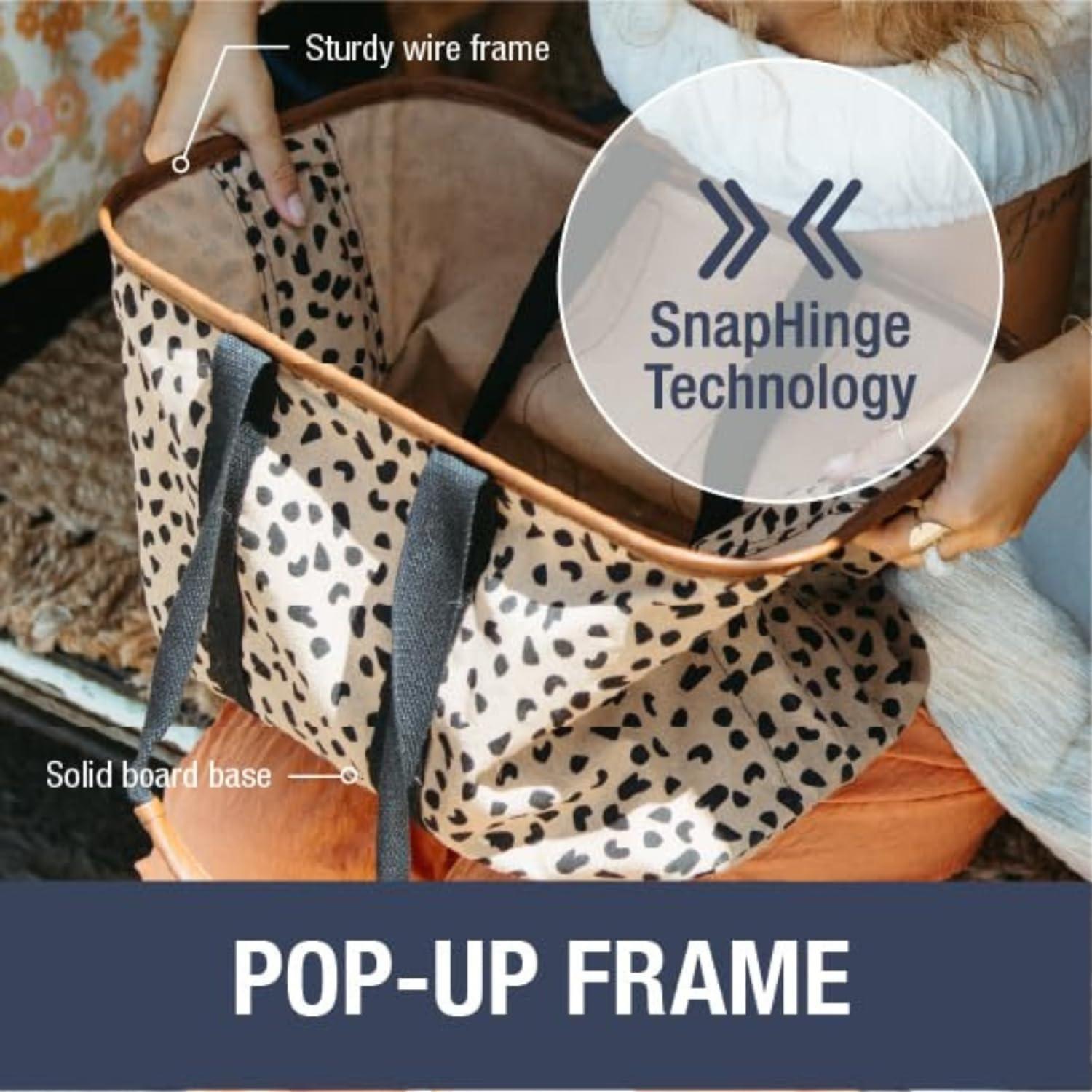 imageCleverMade EcoBasket Reusable Grocery Tote Collapsible Storage Shopping Organizer Heavy Duty Utility Bag HomeNavy Striped Luxe Pack of 1