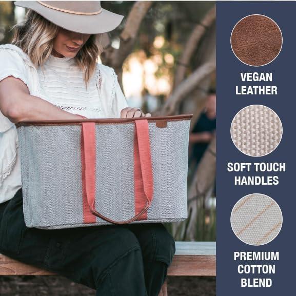 imageCleverMade EcoBasket Reusable Grocery Tote Collapsible Storage Shopping Organizer Heavy Duty Utility Bag HomeRose Herringbone Luxe Pack of 1