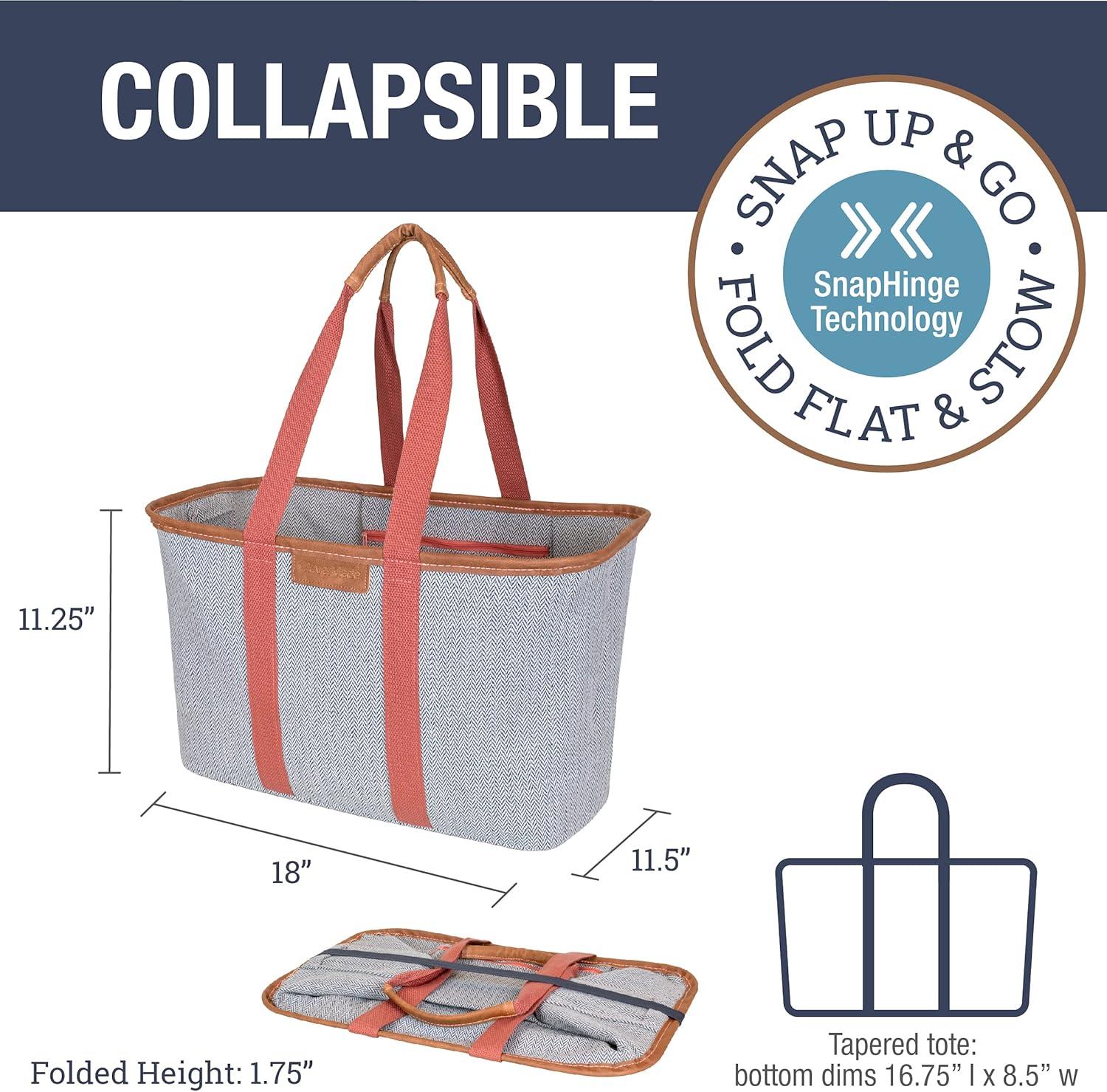 imageCleverMade EcoBasket Reusable Grocery Tote Collapsible Storage Shopping Organizer Heavy Duty Utility Bag HomeRose Herringbone Luxe Pack of 1