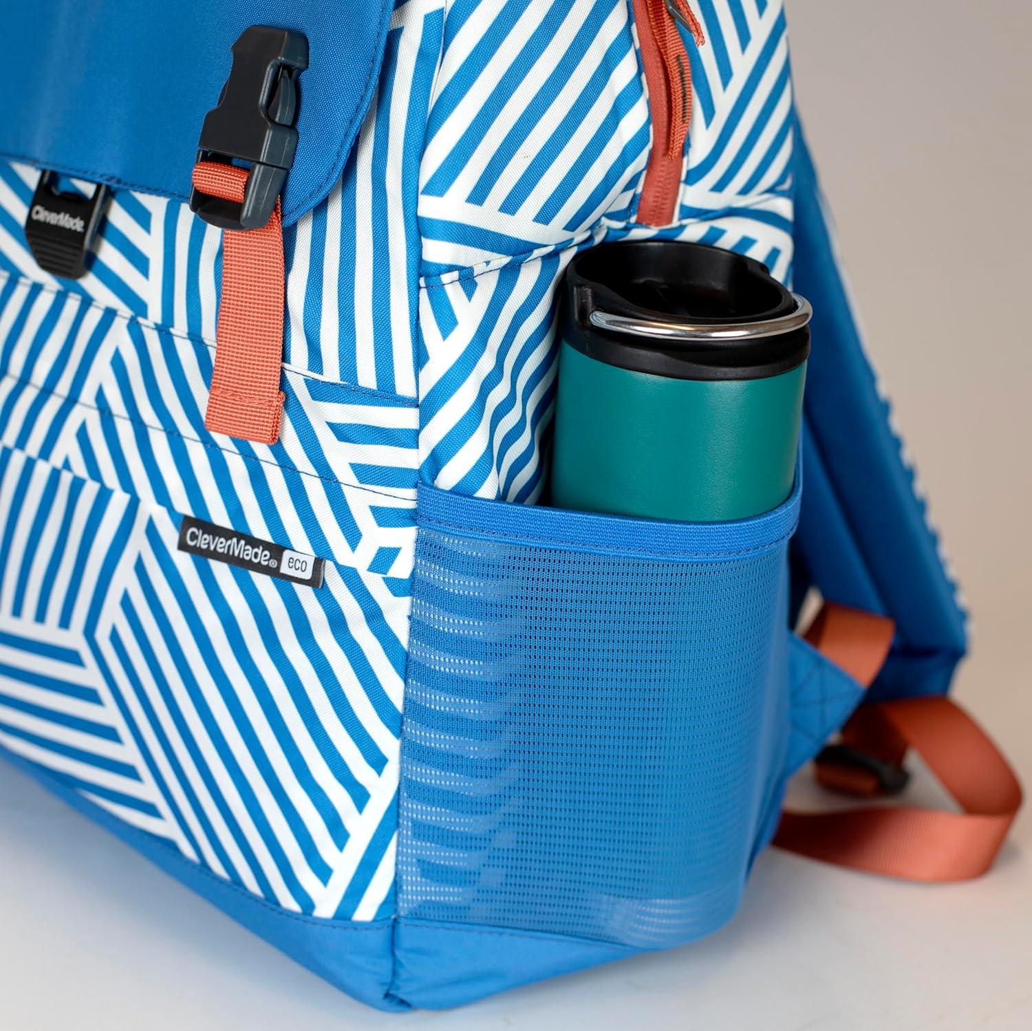 imageCleverMade Insulated Backpack Cooler Bag  18 Can Leakproof Cooler Backpack with Bottle Opener Outer Zippered Storage and Mesh Side Pockets for Lunch Work Picnic and Camping  Blue StripeBlue Stripe