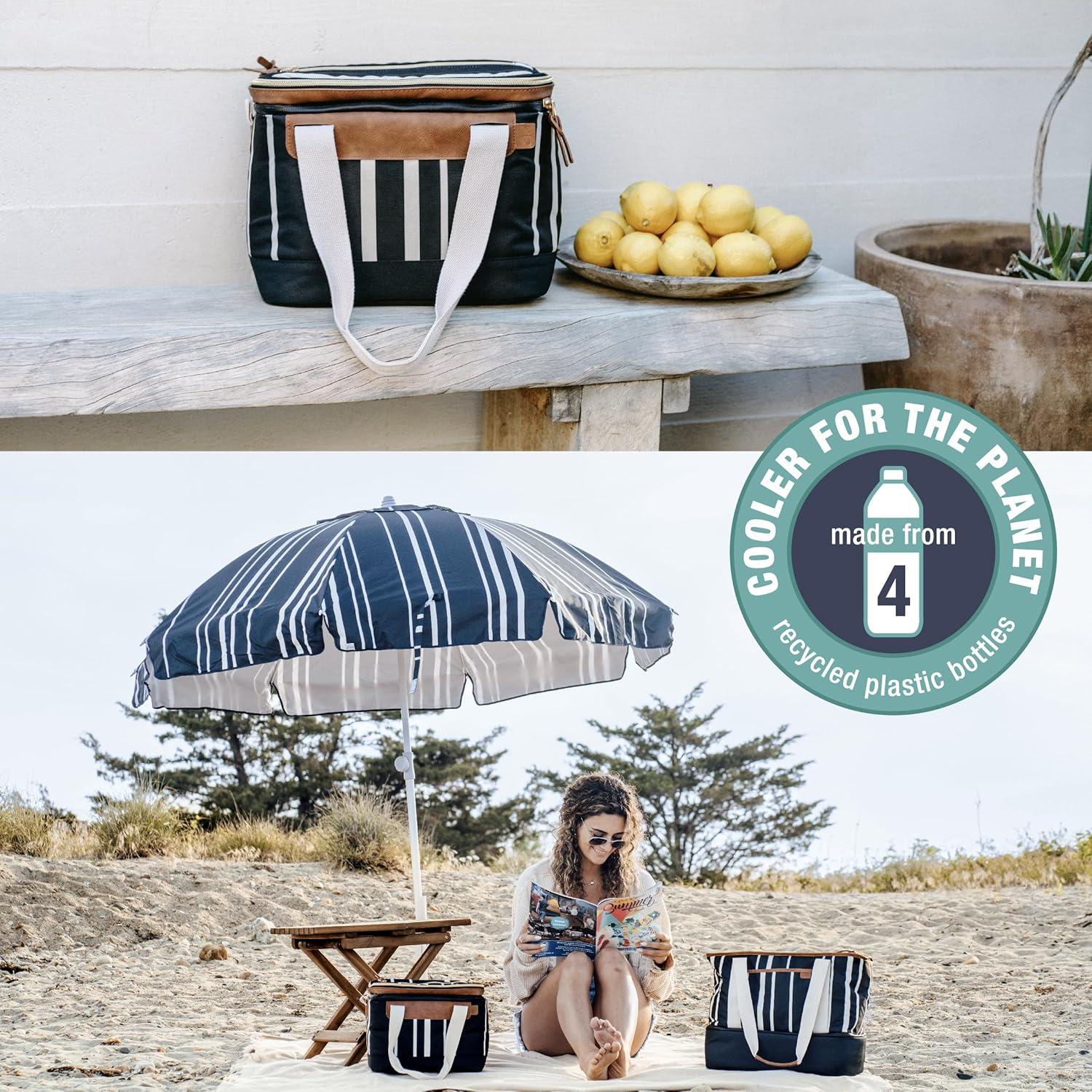 imageCleverMade Premium Soft Sided Malibu Cooler 18 Can Insulated Leakproof Lunchbox for Beach Picnics and Work Made from Recycled Materials Navy Striped