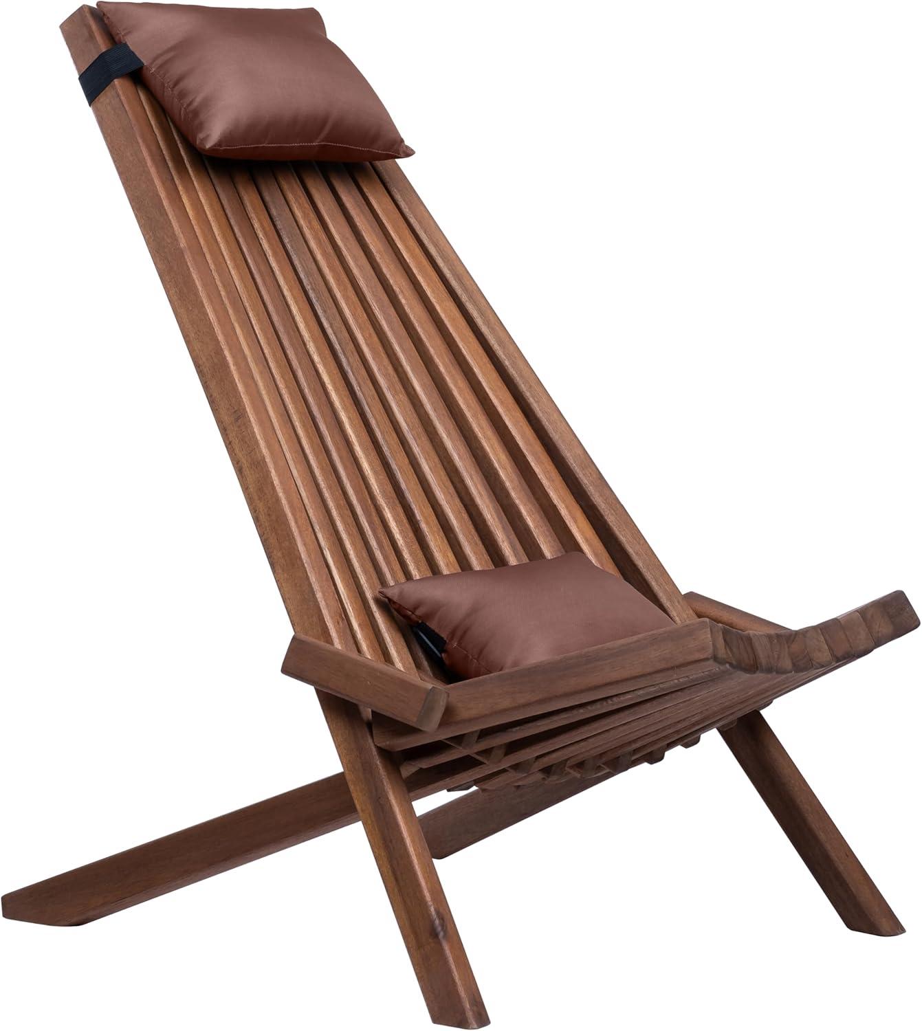 imageCleverMade Tamarack Folding Wooden Outdoor Chair Stylish Low Profile Acacia Wood Lounge Chair for the Patio Porch Lawn Garden or Home Furniture  CinnamonChair  Pillows