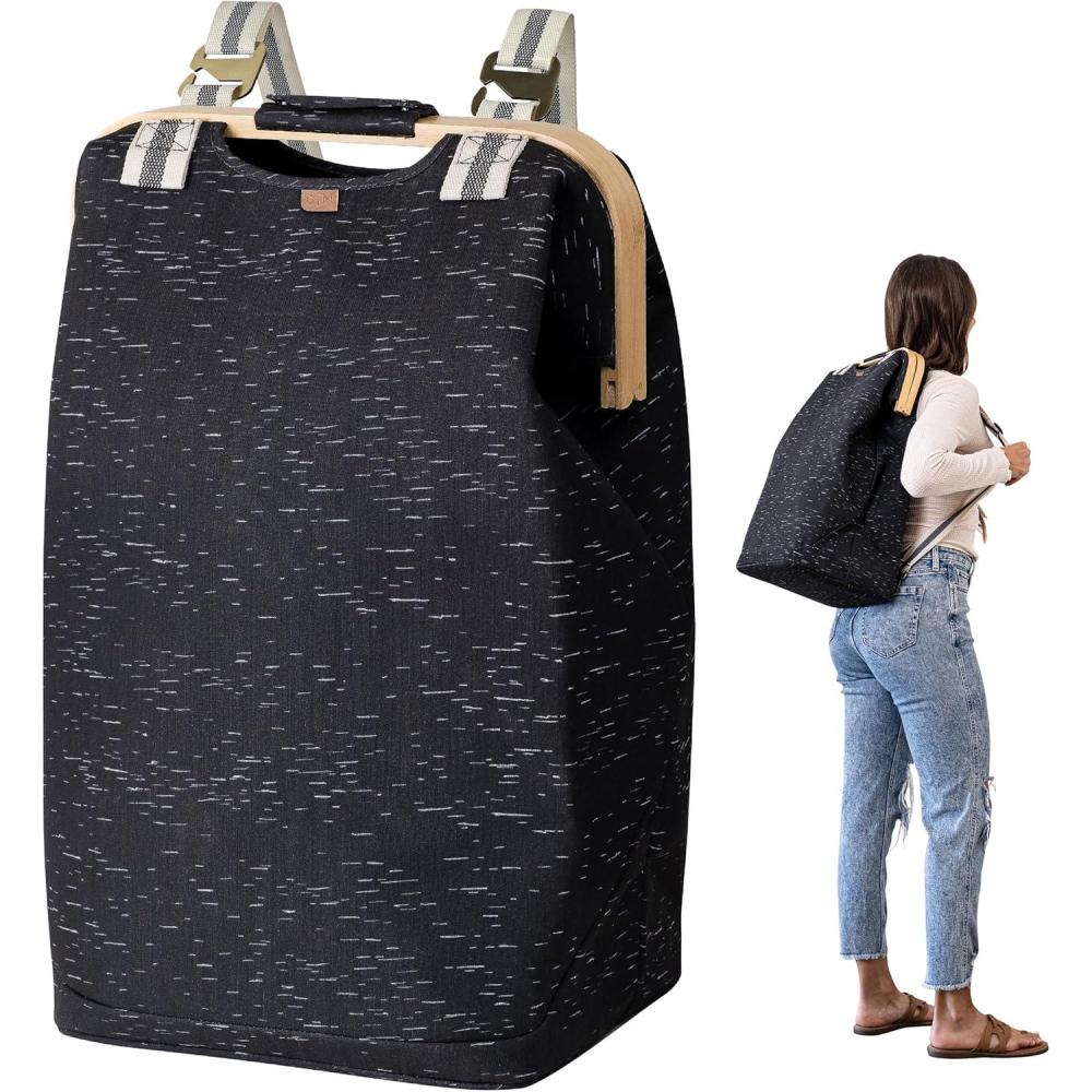 imageCleverMade Collapsible Laundry Backpack Hamper  Black Birch 45L  12 Gal 30 lbs  Space Saving Storage Organizer with Strap Home Organization