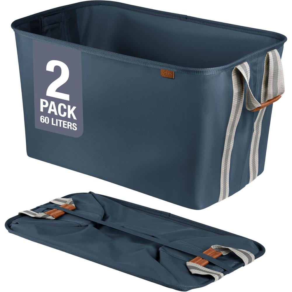 imageCleverMade Collapsible Laundry Basket Hamper  LUXE Cream Herringbone 2Pack 60L SpaceSaving Storage Organizer with Handles Foldable Home OrganizationBlue  Dark Blue LUXE  Pack of 2
