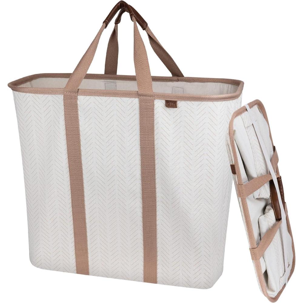 imageCleverMade Collapsible Laundry Caddy LUXE Cream Herringbone 2Pack 64L Foldable Storage Organization Container Clothes Laundry Room Storage SolutionBiege LUXE  Pack of 2