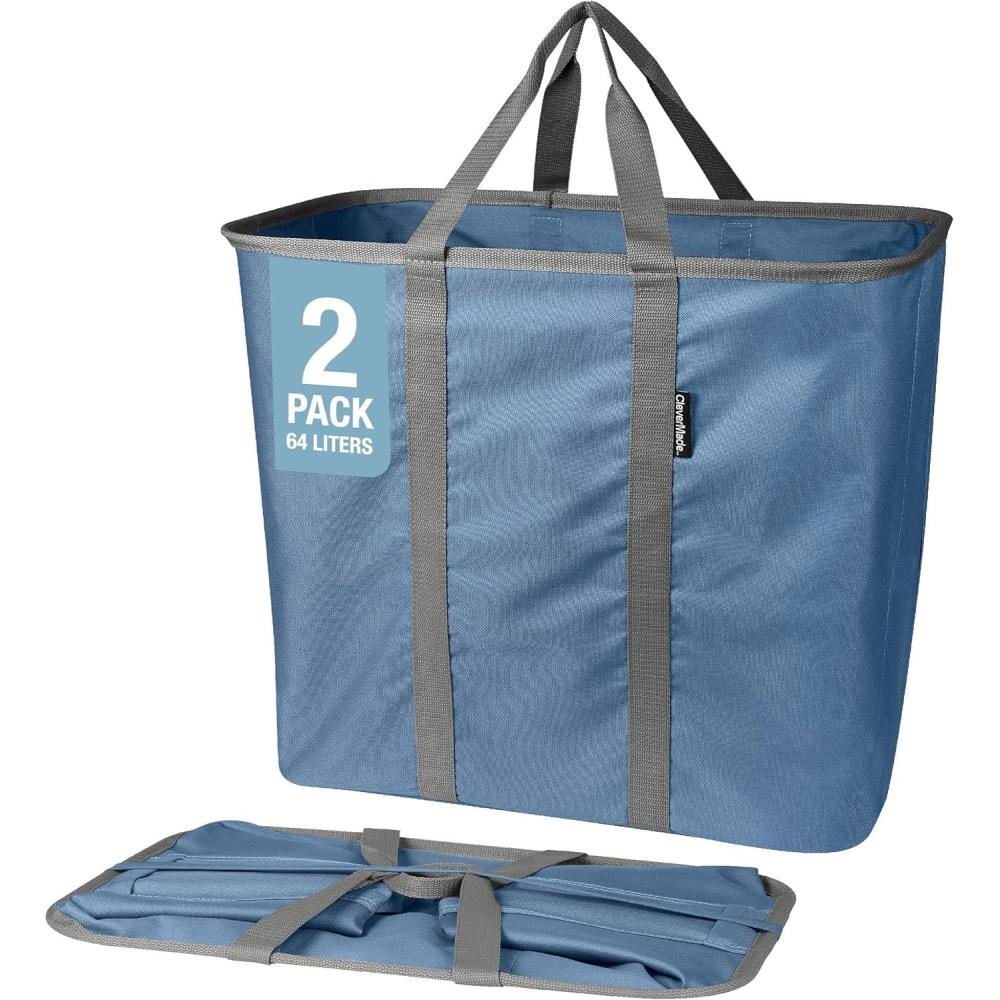 imageCleverMade Collapsible Laundry Caddy LUXE Cream Herringbone 2Pack 64L Foldable Storage Organization Container Clothes Laundry Room Storage SolutionBlueGray  Pack of 2