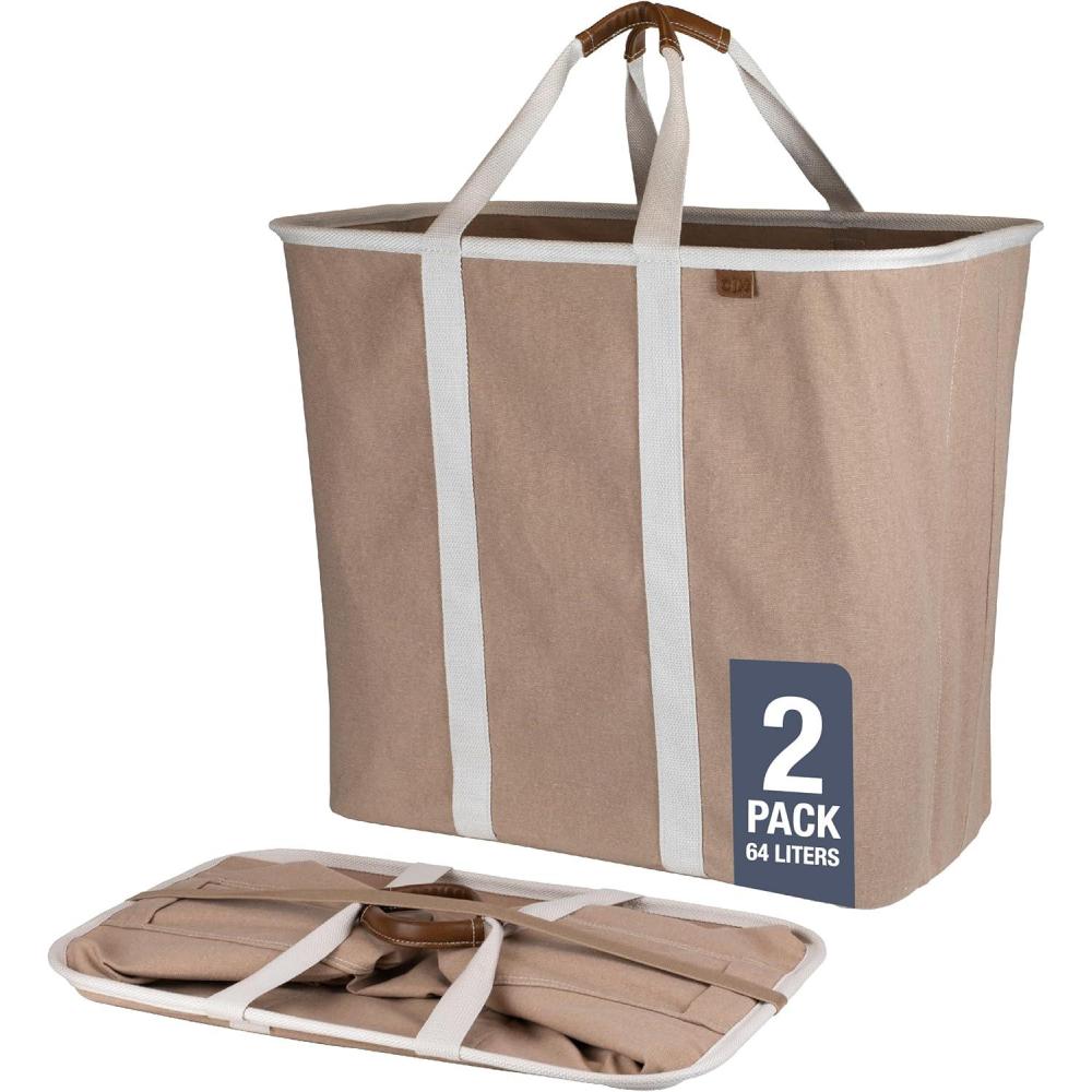imageCleverMade Collapsible Laundry Caddy LUXE Cream Herringbone 2Pack 64L Foldable Storage Organization Container Clothes Laundry Room Storage SolutionBrown LUXE  Pack of 2