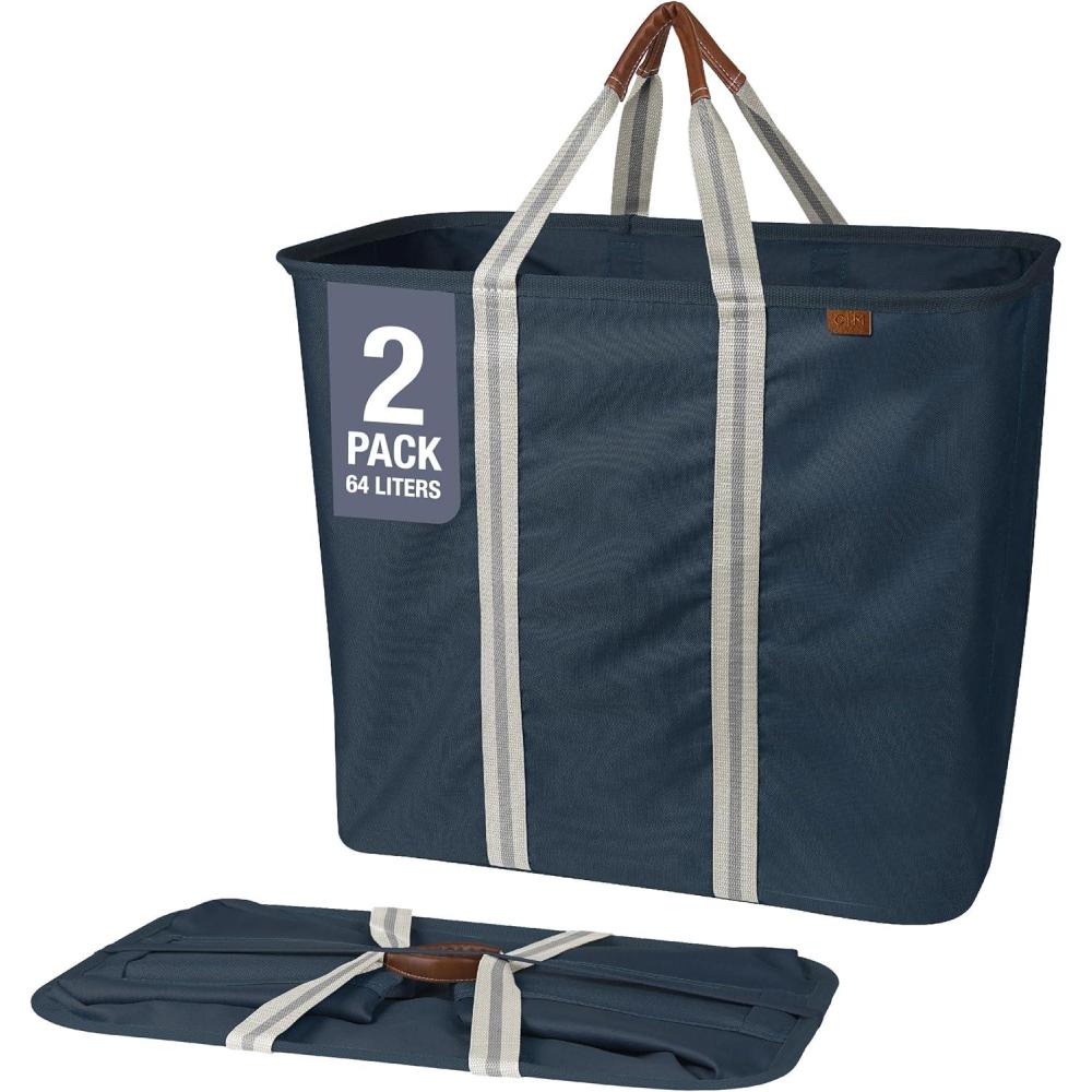 imageCleverMade Collapsible Laundry Caddy LUXE Cream Herringbone 2Pack 64L Foldable Storage Organization Container Clothes Laundry Room Storage SolutionDark Blue LUXE  Pack of 2