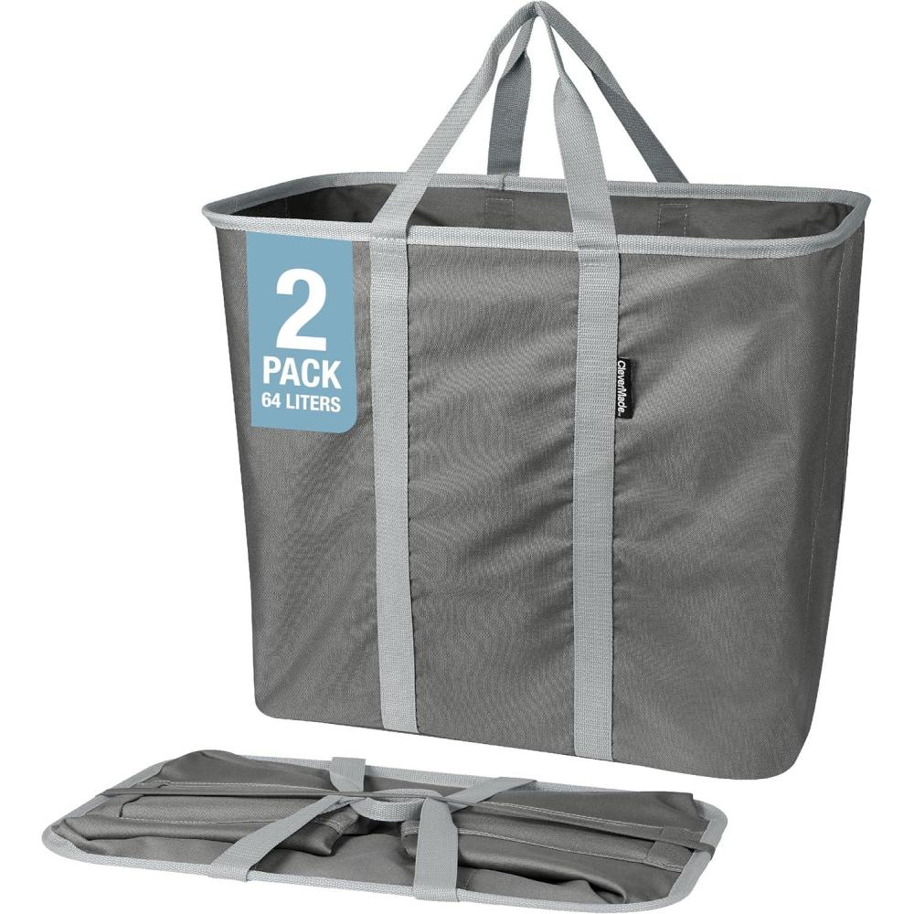 imageCleverMade Collapsible Laundry Caddy LUXE Cream Herringbone 2Pack 64L Foldable Storage Organization Container Clothes Laundry Room Storage SolutionGray  Pack of 2