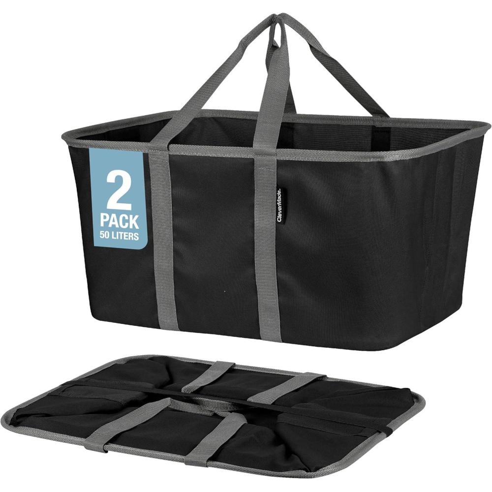 imageCleverMade Collapsible Laundry Tote  Denim Charcoal 2Pack 50L  Foldable Storage Organization Container for Clothes Laundry Room Storage SolutionBlackGray  Pack of 2