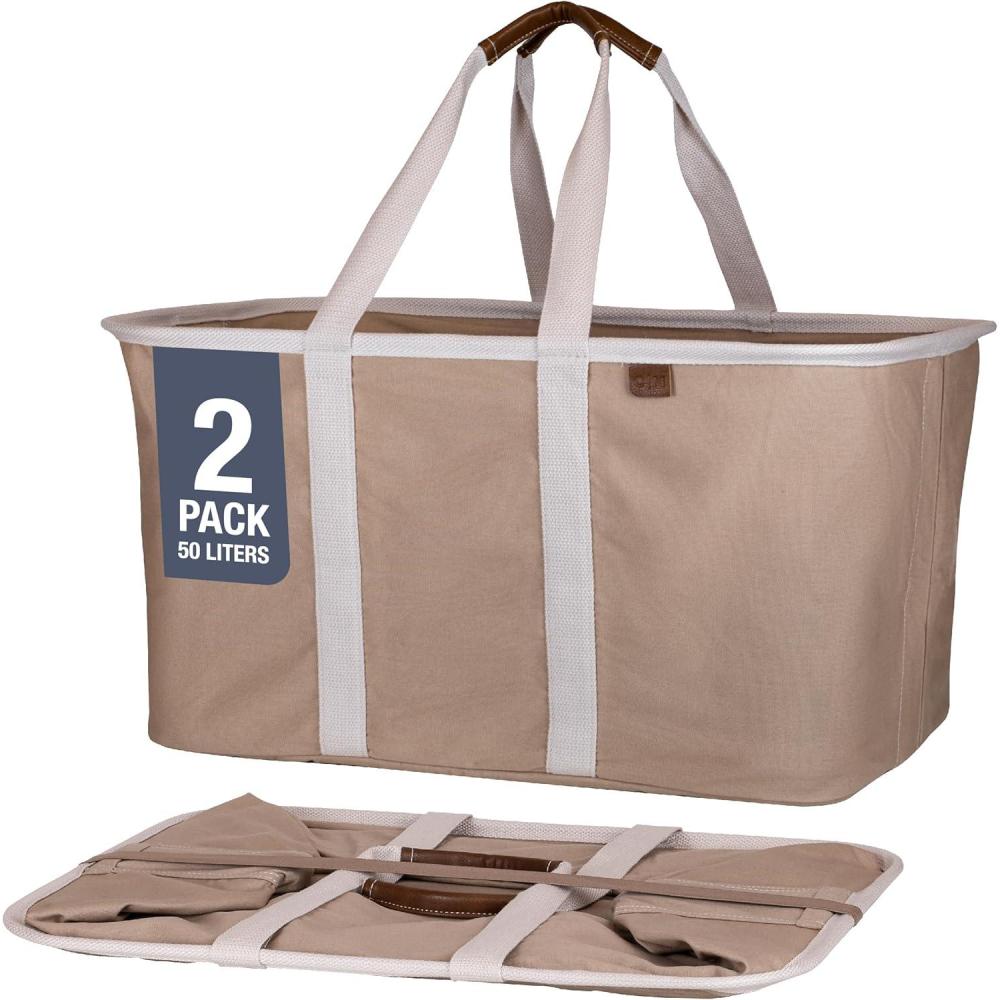 imageCleverMade Collapsible Laundry Tote  Denim Charcoal 2Pack 50L  Foldable Storage Organization Container for Clothes Laundry Room Storage SolutionBrown LUXE  Pack of 2