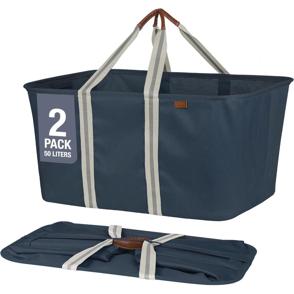 imageCleverMade Collapsible Laundry Tote  Denim Charcoal 2Pack 50L  Foldable Storage Organization Container for Clothes Laundry Room Storage SolutionDark Blue LUXE  Pack of 2
