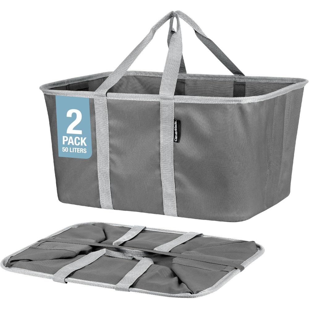 imageCleverMade Collapsible Laundry Tote  Denim Charcoal 2Pack 50L  Foldable Storage Organization Container for Clothes Laundry Room Storage SolutionGray  Pack of 2