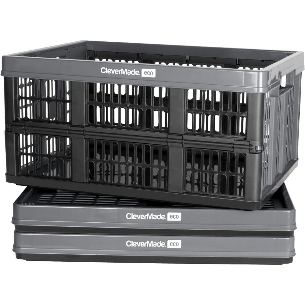 imageCleverMade Collapsible Shopping Basket Obsidian 3PK  24L 6 Gal Reusable Plastic Grocery Shopping Baskets Holds 25lbs Per Basket  Small Foldable Storage Crates with HandlesGray  Utility Crate  Pack of 3