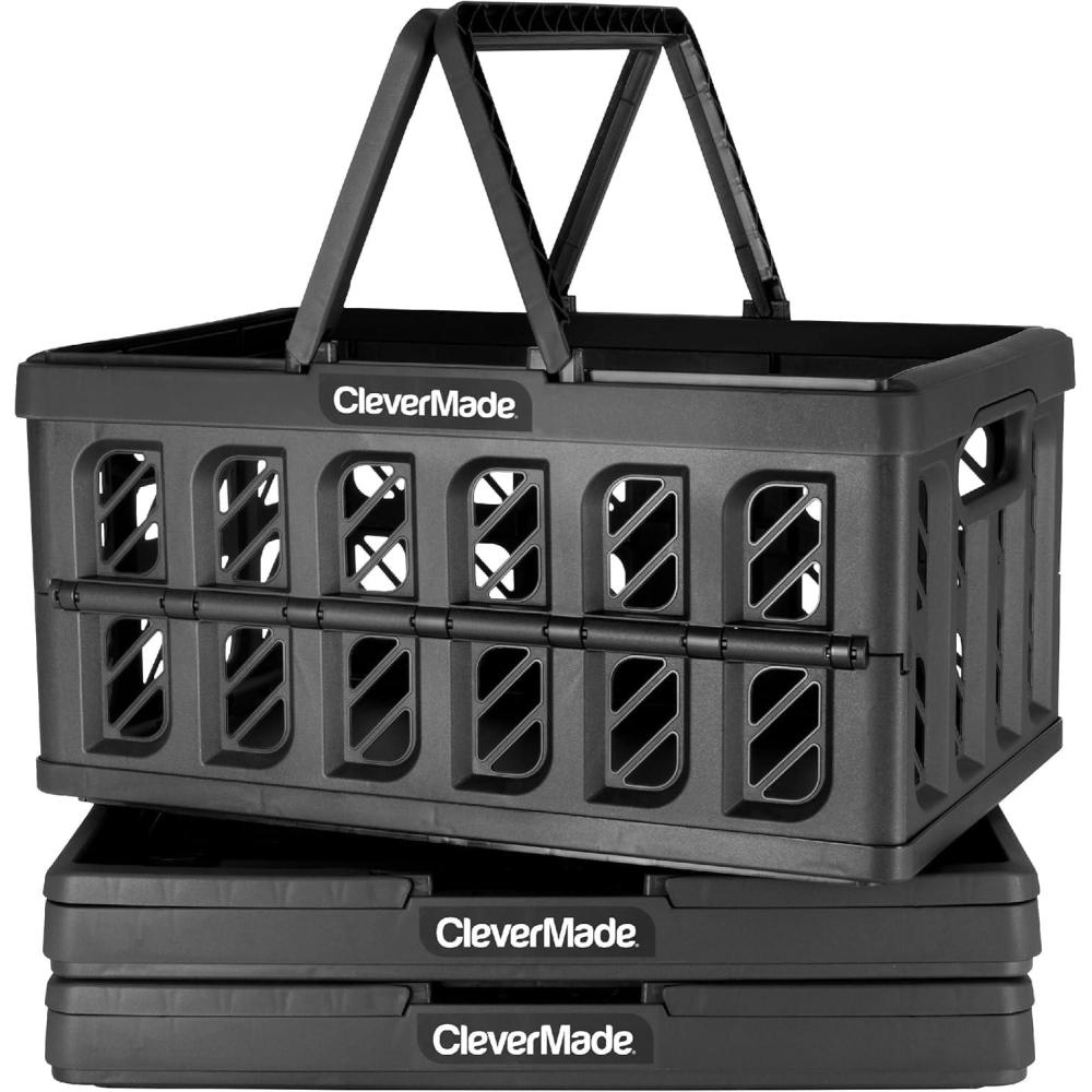 imageCleverMade Collapsible Shopping Basket Obsidian 3PK  24L 6 Gal Reusable Plastic Grocery Shopping Baskets Holds 25lbs Per Basket  Small Foldable Storage Crates with HandlesBlack  Shopping Basket  Pack of 3