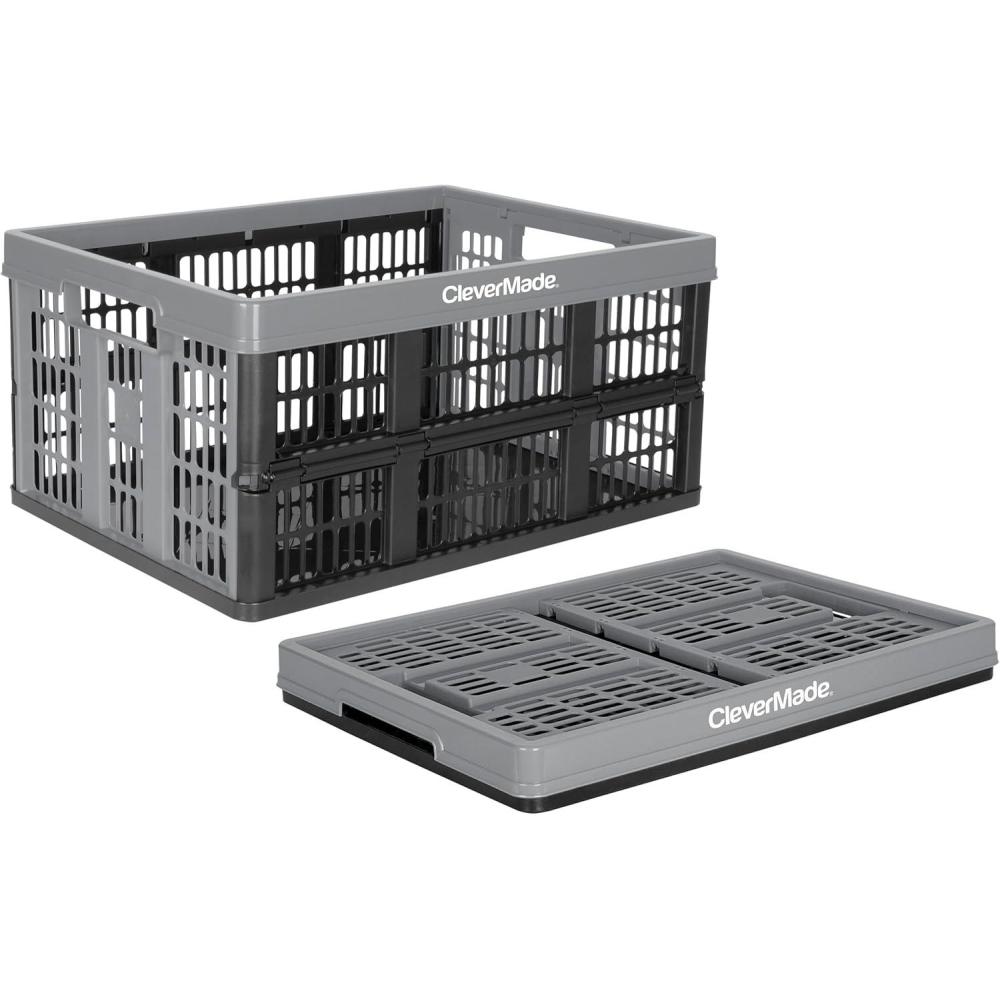 imageCleverMade Collapsible Shopping Basket Obsidian 3PK  24L 6 Gal Reusable Plastic Grocery Shopping Baskets Holds 25lbs Per Basket  Small Foldable Storage Crates with HandlesStone