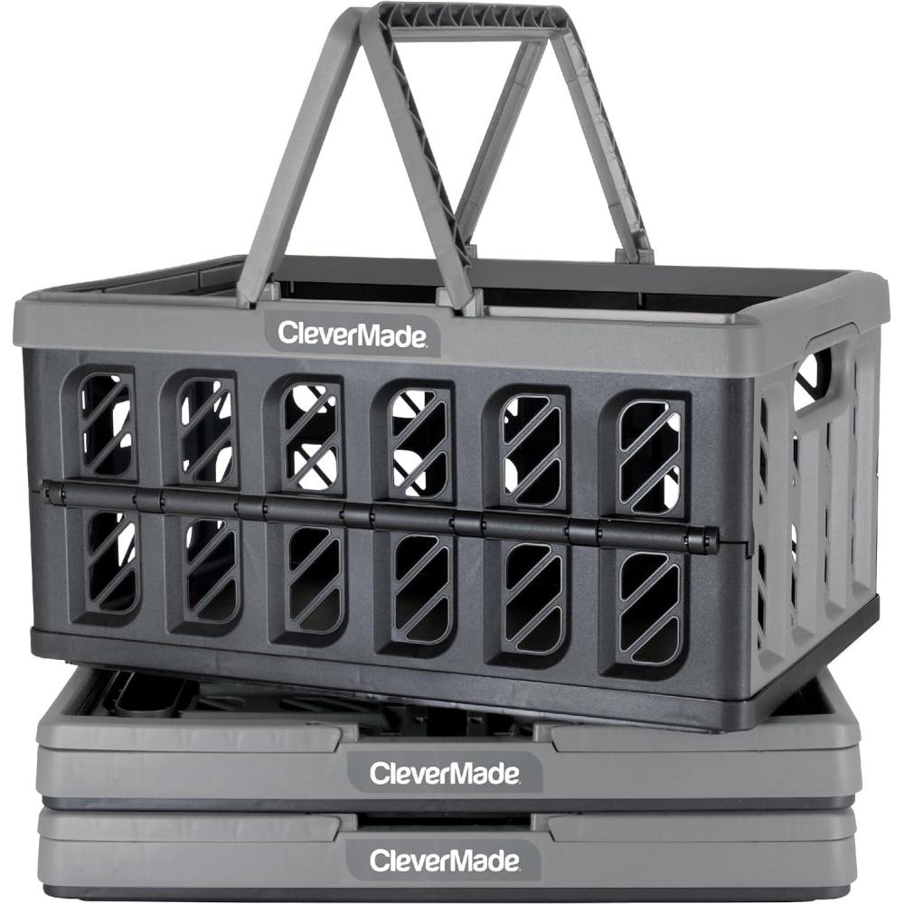 imageCleverMade Collapsible Shopping Basket Obsidian 3PK  24L 6 Gal Reusable Plastic Grocery Shopping Baskets Holds 25lbs Per Basket  Small Foldable Storage Crates with HandlesGray  Shopping Basket  Pack of 3
