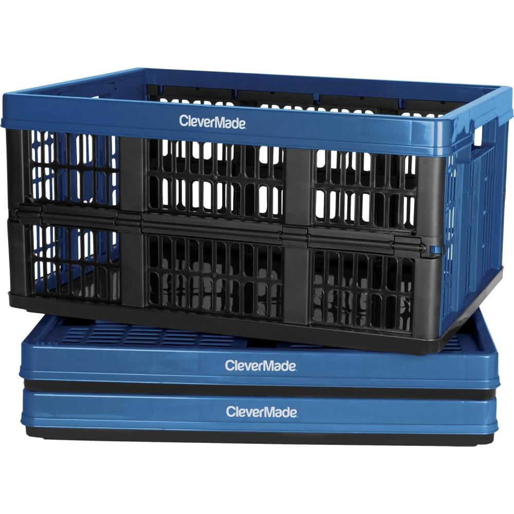 imageCleverMade Collapsible Shopping Basket Obsidian 3PK  24L 6 Gal Reusable Plastic Grocery Shopping Baskets Holds 25lbs Per Basket  Small Foldable Storage Crates with HandlesBlue  Utility Crate  Pack of 3