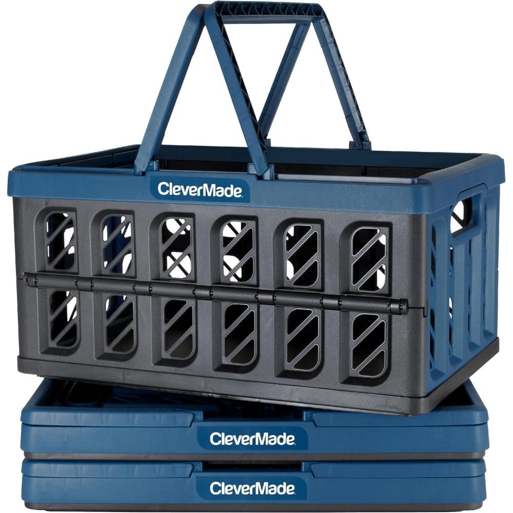 imageCleverMade Collapsible Shopping Basket Obsidian 3PK  24L 6 Gal Reusable Plastic Grocery Shopping Baskets Holds 25lbs Per Basket  Small Foldable Storage Crates with HandlesBlue  Shopping Basket  Pack of 3