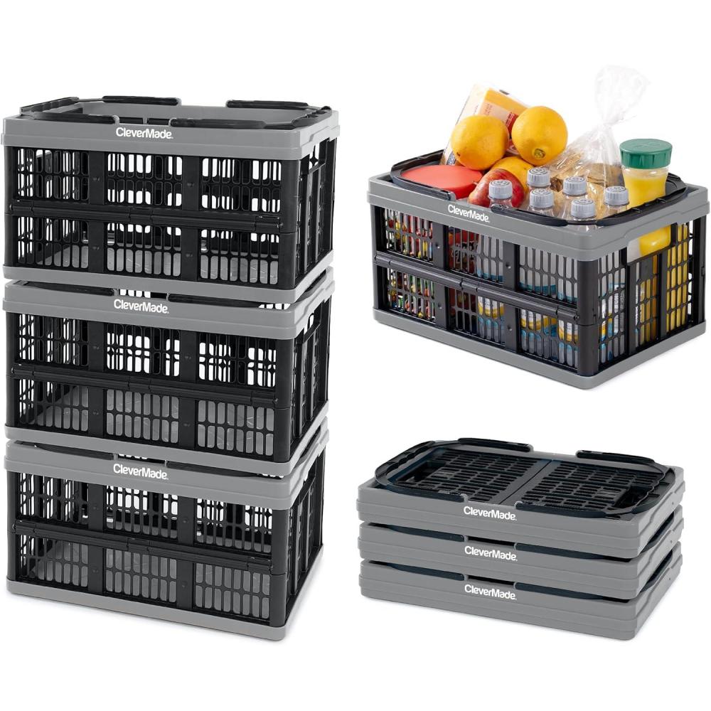 imageCleverMade Collapsible Shopping Basket Stone 3PK  16L 4 Gal Reusable Plastic Grocery Shopping Baskets Holds 22lbs Per Basket  Small Foldable Storage Crates with HandlesStone