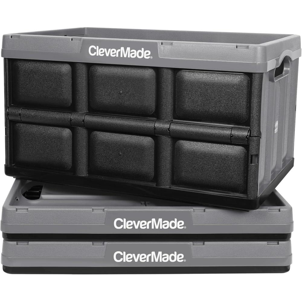 imageCleverMade Collapsible Storage Bins  Obsidian 3 Pack 32L  Stackable Containers Heavy Duty Capacity Folding Crates  SpaceSaving for HomeStone Gray  46L  Pack of 3