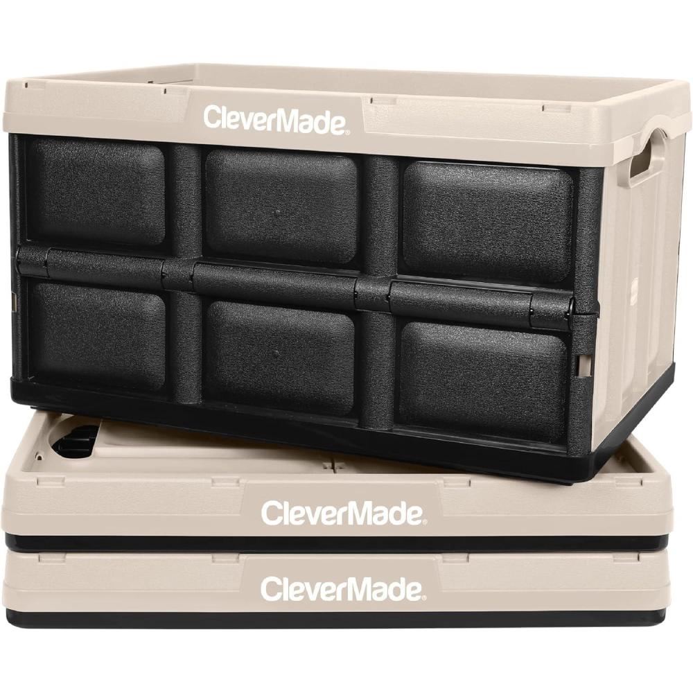 imageCleverMade Collapsible Storage Bins  Obsidian 3 Pack 32L  Stackable Containers Heavy Duty Capacity Folding Crates  SpaceSaving for HomeTan  46L  Pack of 3