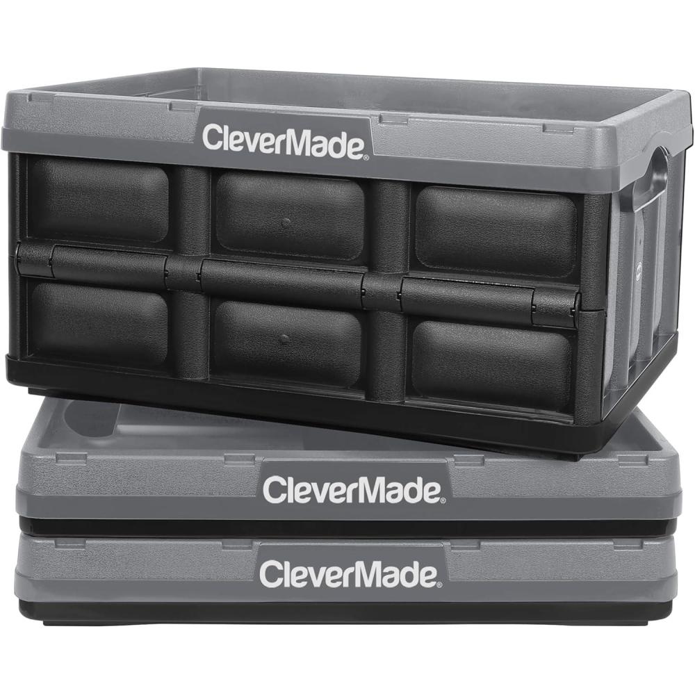 imageCleverMade Collapsible Storage Bins  Obsidian 3 Pack 62L  Stackable Containers Heavy Duty Capacity Folding Crates  SpaceSaving for HomeStone Gray  32L  Pack of 3