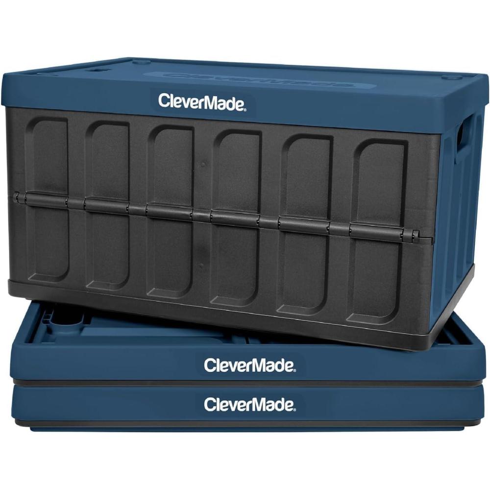 imageCleverMade Collapsible Storage Bins with Lids  Ocean 3 Pack 46L  Plastic Containers Stackable Organization Crates Home Closet SpaceSaving DurableOcean Blue  46L  Pack of 3