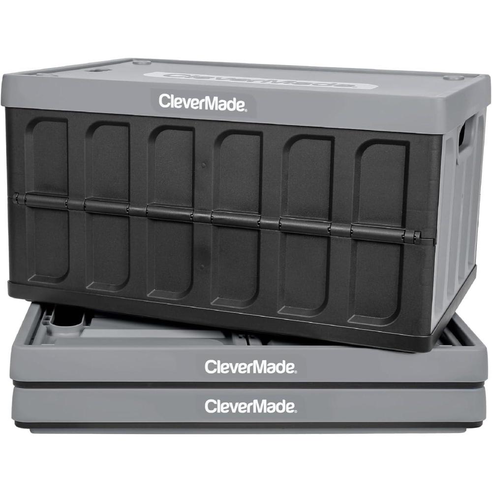 imageCleverMade Collapsible Storage Bins with Lids  Ocean 3 Pack 46L  Plastic Containers Stackable Organization Crates Home Closet SpaceSaving DurableStone Gray  62L  Pack of 3