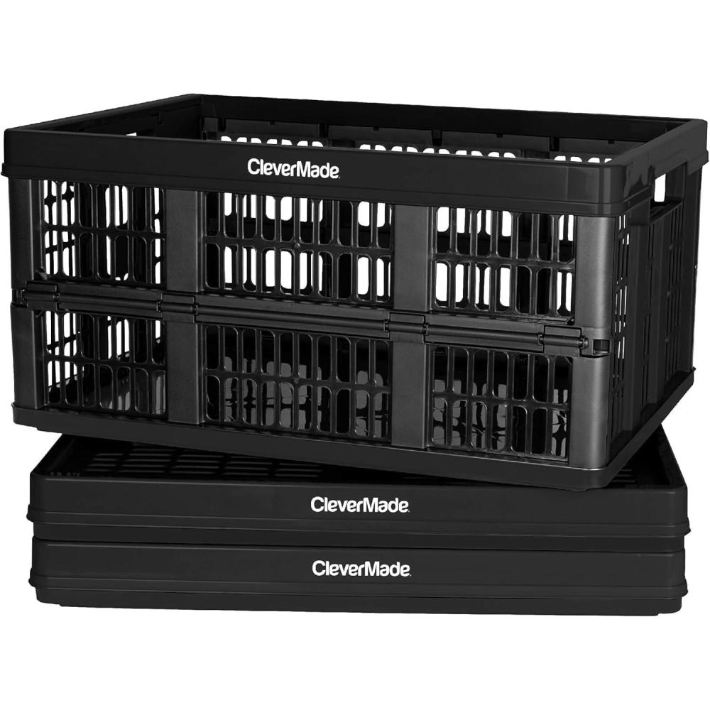imageCleverMade Collapsible Utility CratesObsidian 3pck 45L  11 Gal holds 66 lbs  Stackable Containers Heavy Duty Capacity Crates SpaceSaving Baskets