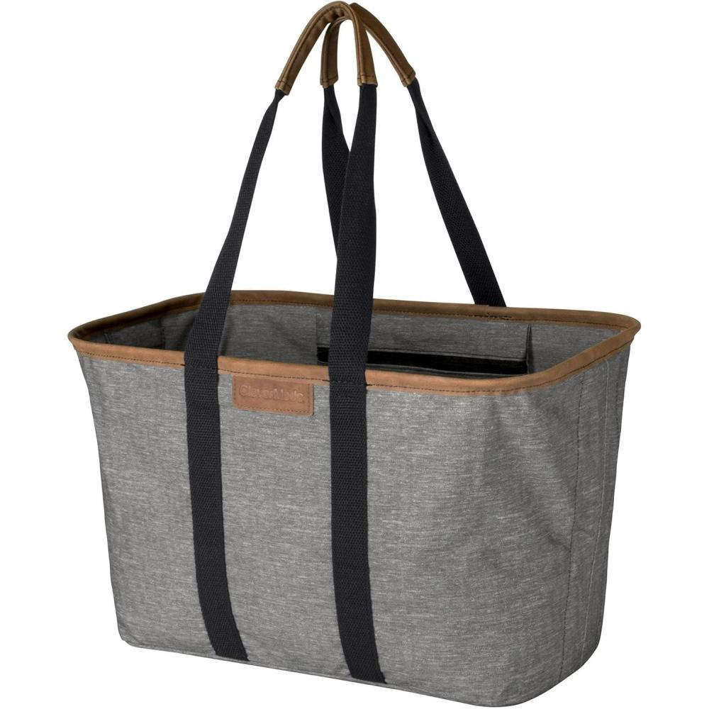 imageCleverMade EcoBasket Reusable Grocery Tote  Collapsible Storage Shopping Organizer  Heavy Duty Utility Bag HomeGreyBlack 30l  Luxe  Pack of 1