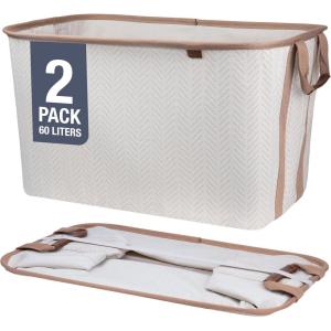 CleverMade Collapsible Laundry Basket Hamper – LUXE Cream Herringbone 2Pack 60L -SpaceSaving Storage Organizer with Handles Foldable Home Organization(Biege (LUXE) – Pack of 2)