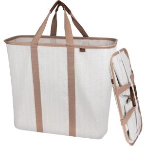 CleverMade Collapsible Laundry Caddy -LUXE Cream Herringbone 2Pack 64L -Foldable Storage Organization Container Clothes Laundry Room Storage Solution(Biege (LUXE) – Pack of 2)