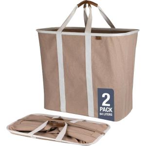 CleverMade Collapsible Laundry Caddy -LUXE Cream Herringbone 2Pack 64L -Foldable Storage Organization Container Clothes Laundry Room Storage Solution(Brown (LUXE) – Pack of 2)
