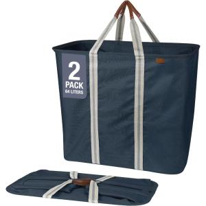 CleverMade Collapsible Laundry Caddy -LUXE Cream Herringbone 2Pack 64L -Foldable Storage Organization Container Clothes Laundry Room Storage Solution(Dark Blue (LUXE) – Pack of 2)