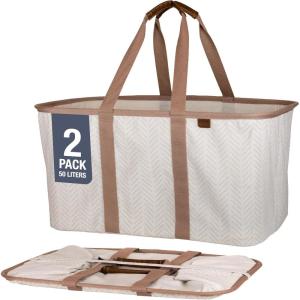 CleverMade Collapsible Laundry Tote – Denim Charcoal 2-Pack 50L – Foldable Storage Organization Container for Clothes Laundry Room Storage Solution(Biege (LUXE) – Pack of 2)