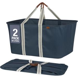 CleverMade Collapsible Laundry Tote – Denim Charcoal 2-Pack 50L – Foldable Storage Organization Container for Clothes Laundry Room Storage Solution(Dark Blue (LUXE) – Pack of 2)