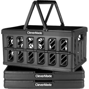 CleverMade Collapsible Shopping Basket, Obsidian, 3PK – 24L (6 Gal) Reusable Plastic Grocery Shopping Baskets, Holds 25lbs Per Basket – Small Foldable Storage Crates with Handles(Black – Shopping Basket – Pack of 3)