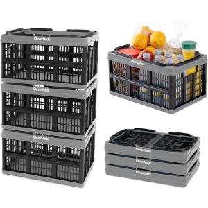 CleverMade Collapsible Shopping Basket, Stone, 3PK – 16L (4 Gal) Reusable Plastic Grocery Shopping Baskets, Holds 22lbs Per Basket – Small Foldable Storage Crates with Handles(Stone)