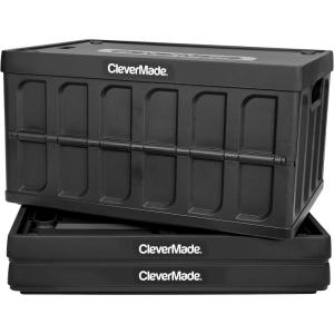 CleverMade Collapsible Storage Bins with Lids – Ocean 3 Pack 46L – Plastic Containers Stackable Organization Crates Home Closet Space-Saving Durable(Glossy Black – 62L – Pack of 3)