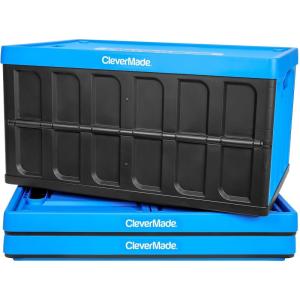 CleverMade Collapsible Storage Bins with Lids- Neptune Blue 3Pack 62L- Plastic Container Stackable Organization Crates Home Closet SpaceSaving Durable
